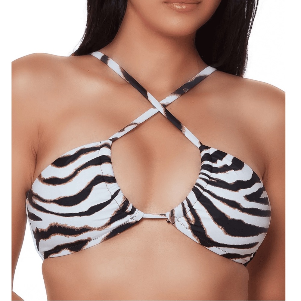 Bar III🦎 Zebra Print Tunnel Front Bandeau Bikini Top Swimsuit White🌵